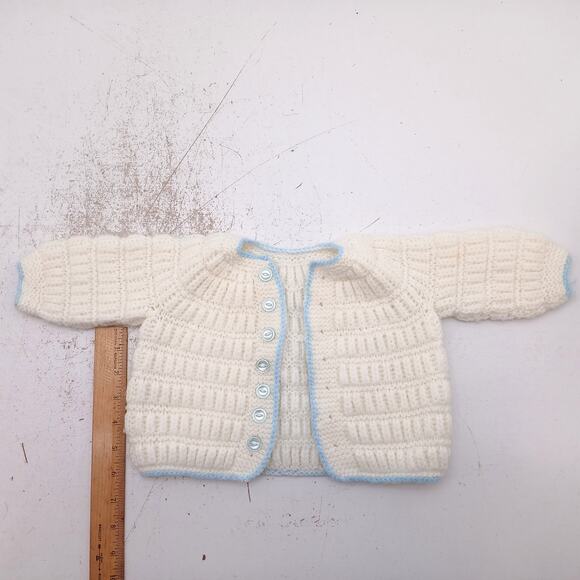 Handmade Baby Sweater White Blue Knit Button Cardigan Infant Gift Unisex - Picture 2 of 9
